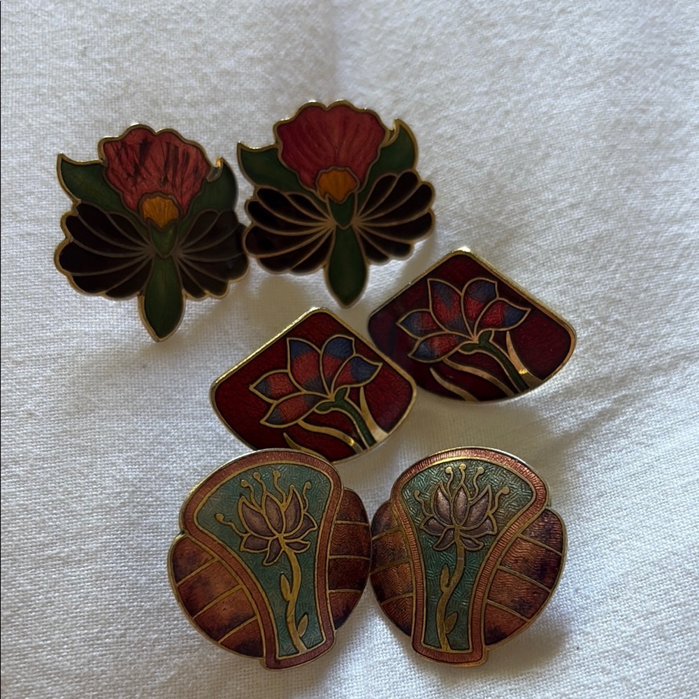 Floral Enamel Earrings Set - Red, Green, Gold